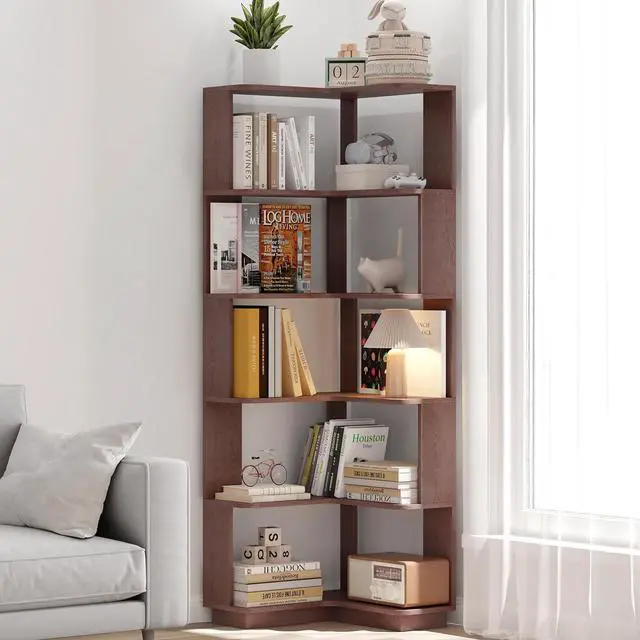 Main image of 6 Tier L-Shaped Corner Bookshelf, Freestanding Wooden Book Shelves, Open Bookcase Display Shelf with Side Panel and Anti Tipping Device, Storage Rack for Home Office Living Room, Ox Blood Red