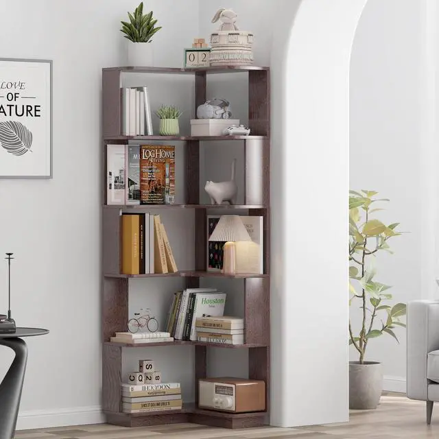 Alt view image 3 of 7 - 6 Tier L-Shaped Corner Bookshelf, Freestanding Wooden Book Shelves, Open Bookcase Display Shelf with Side Panel and Anti Tipping Device, Storage Rack for Home Office Living Room, Ox Blood Red