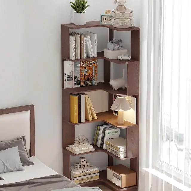 Alt view image 2 of 7 - 6 Tier L-Shaped Corner Bookshelf, Freestanding Wooden Book Shelves, Open Bookcase Display Shelf with Side Panel and Anti Tipping Device, Storage Rack for Home Office Living Room, Ox Blood Red