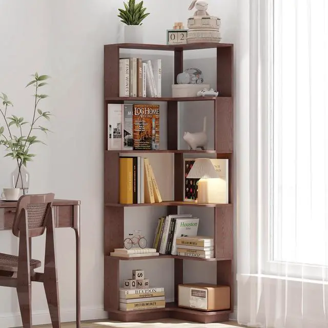 Alt view image 4 of 7 - 6 Tier L-Shaped Corner Bookshelf, Freestanding Wooden Book Shelves, Open Bookcase Display Shelf with Side Panel and Anti Tipping Device, Storage Rack for Home Office Living Room, Ox Blood Red
