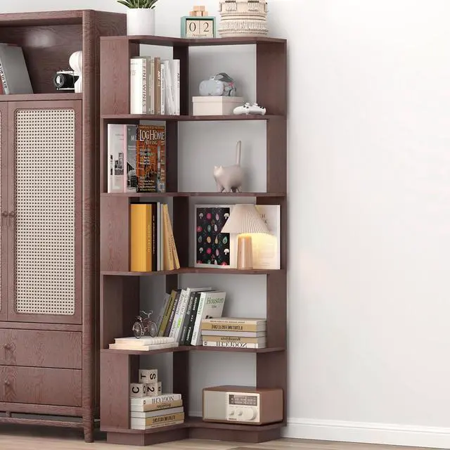 Alt view image 5 of 7 - 6 Tier L-Shaped Corner Bookshelf, Freestanding Wooden Book Shelves, Open Bookcase Display Shelf with Side Panel and Anti Tipping Device, Storage Rack for Home Office Living Room, Ox Blood Red