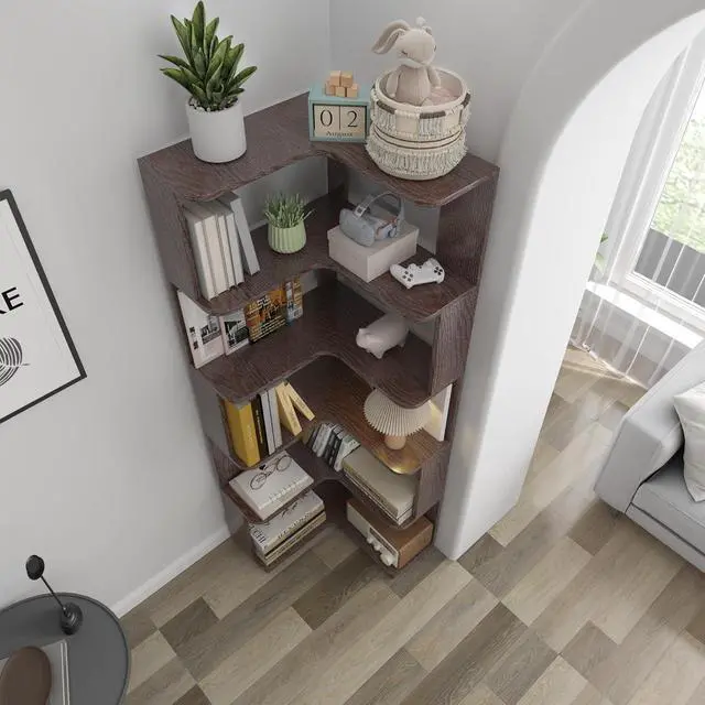 Alt view image 6 of 7 - 6 Tier L-Shaped Corner Bookshelf, Freestanding Wooden Book Shelves, Open Bookcase Display Shelf with Side Panel and Anti Tipping Device, Storage Rack for Home Office Living Room, Ox Blood Red