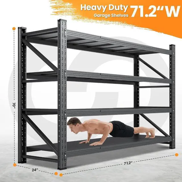 Alt view image 2 of 7 - 71W Garage Shelving Units, 5000LBS Storage Shelves Heavy Duty, 24" Deep Metal Shelving Rack, 4 Tier Large Tall Industrial Shelving , Adjustable Standing Shelf for Warehouse / Shop 71"W x 24"D x 70"H