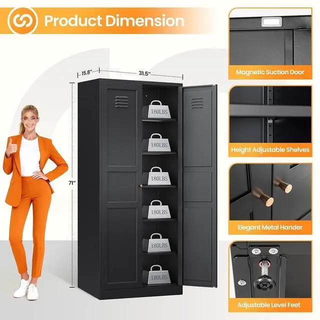Alt view image 3 of 7 - 71" Tall Kitchen Pantry Storage Cabinet with 2 Doors and 5 Adjustable Shelve, Metal Black Food Pantry Cabinet, Kitchen Cabinet Storage Unit,6 Tier Freestanding Cupboard for Kitchen Dining/Living Room