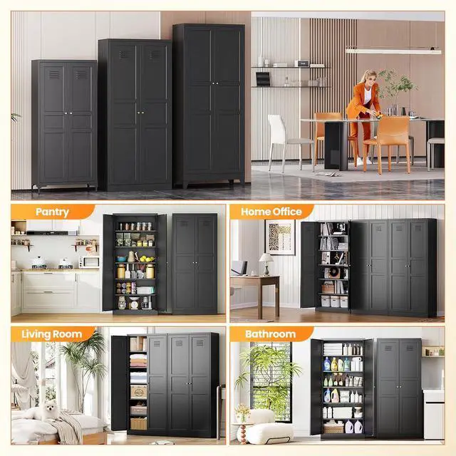 Alt view image 4 of 7 - 71" Tall Kitchen Pantry Storage Cabinet with 2 Doors and 5 Adjustable Shelve, Metal Black Food Pantry Cabinet, Kitchen Cabinet Storage Unit,6 Tier Freestanding Cupboard for Kitchen Dining/Living Room