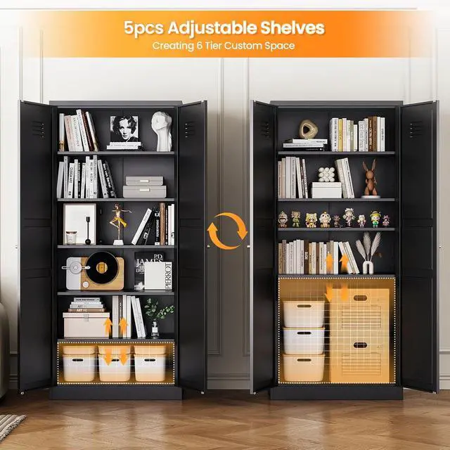 Alt view image 5 of 7 - 71" Tall Kitchen Pantry Storage Cabinet with 2 Doors and 5 Adjustable Shelve, Metal Black Food Pantry Cabinet, Kitchen Cabinet Storage Unit,6 Tier Freestanding Cupboard for Kitchen Dining/Living Room