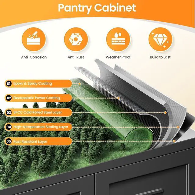 Alt view image 6 of 7 - 71" Tall Kitchen Pantry Storage Cabinet with 2 Doors and 5 Adjustable Shelve, Metal Black Food Pantry Cabinet, Kitchen Cabinet Storage Unit,6 Tier Freestanding Cupboard for Kitchen Dining/Living Room