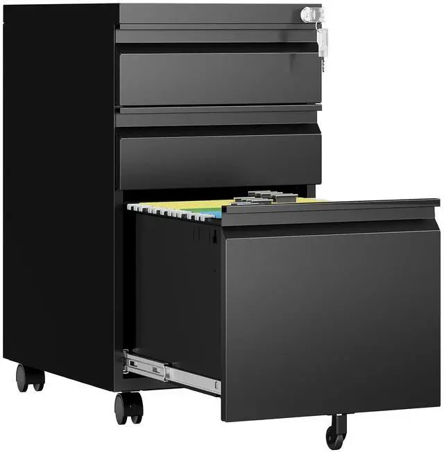 Main image of 3 Drawer Mobile File Cabinet with Lock, Rolling Filing Cabinets for Home Office, Under Desk Small File Cabinet Three Drawers for Legal/Letter/A4 File, Black - Assembly Required