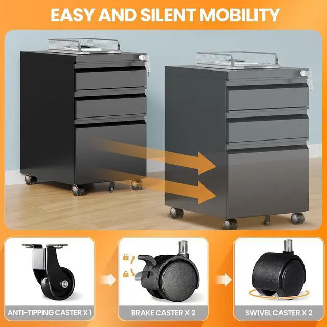 Alt view image 4 of 7 - 3 Drawer Mobile File Cabinet with Lock, Rolling Filing Cabinets for Home Office, Under Desk Small File Cabinet Three Drawers for Legal/Letter/A4 File, Black - Assembly Required