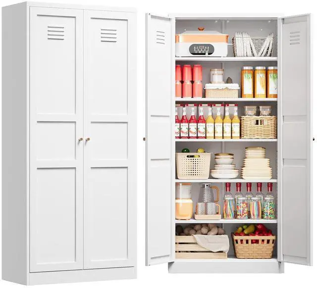 Main image of 71" Tall Kitchen Pantry Storage Cabinet with 2 Doors and 5 Adjustable Shelve, Metal White Food Pantry Cabinet, Kitchen Cabinet Storage Unit,6 Tier Freestanding Cupboard for Kitchen Dining/Living Room