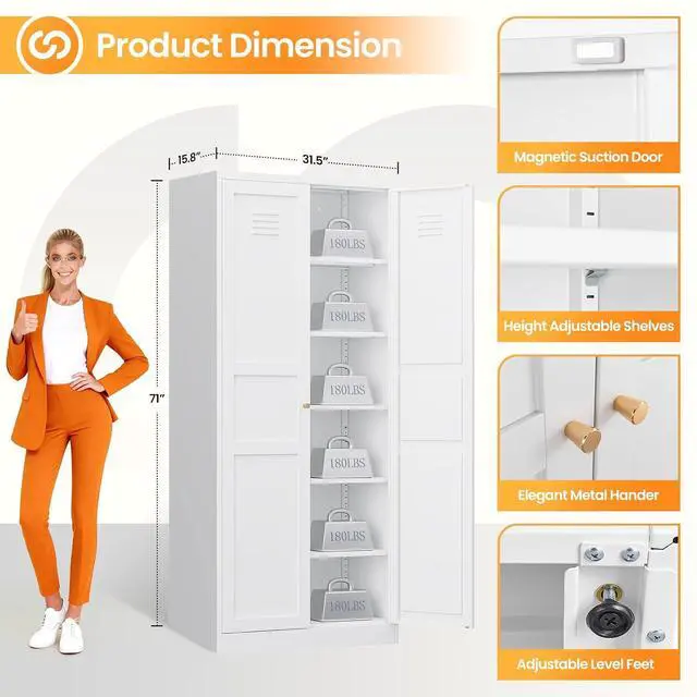 Alt view image 3 of 7 - 71" Tall Kitchen Pantry Storage Cabinet with 2 Doors and 5 Adjustable Shelve, Metal White Food Pantry Cabinet, Kitchen Cabinet Storage Unit,6 Tier Freestanding Cupboard for Kitchen Dining/Living Room