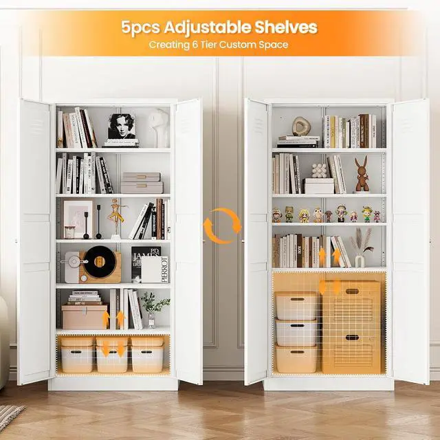 Alt view image 5 of 7 - 71" Tall Kitchen Pantry Storage Cabinet with 2 Doors and 5 Adjustable Shelve, Metal White Food Pantry Cabinet, Kitchen Cabinet Storage Unit,6 Tier Freestanding Cupboard for Kitchen Dining/Living Room