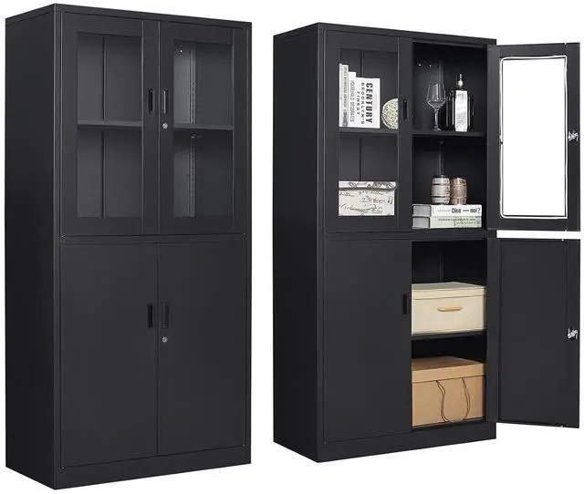 Main image of 71H Display Cabinet with Adjustable Shelves, 4 Door Display Cabinets with Glass Door, Black Metal Display case, Locking Steel Storage Caninet for Home/Office/Living Room -Assembly Required