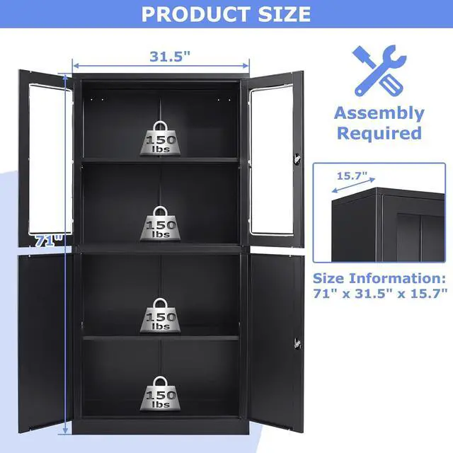 Alt view image 3 of 7 - 71H Display Cabinet with Adjustable Shelves, 4 Door Display Cabinets with Glass Door, Black Metal Display case, Locking Steel Storage Caninet for Home/Office/Living Room -Assembly Required