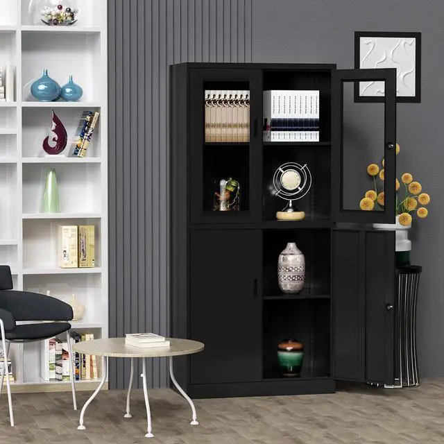 Alt view image 2 of 7 - 71H Display Cabinet with Adjustable Shelves, 4 Door Display Cabinets with Glass Door, Black Metal Display case, Locking Steel Storage Caninet for Home/Office/Living Room -Assembly Required