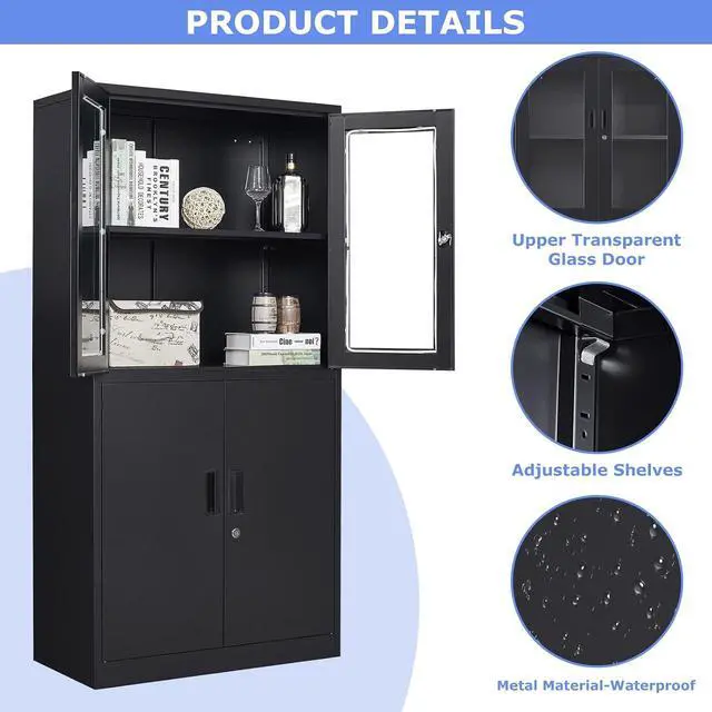 Alt view image 4 of 7 - 71H Display Cabinet with Adjustable Shelves, 4 Door Display Cabinets with Glass Door, Black Metal Display case, Locking Steel Storage Caninet for Home/Office/Living Room -Assembly Required