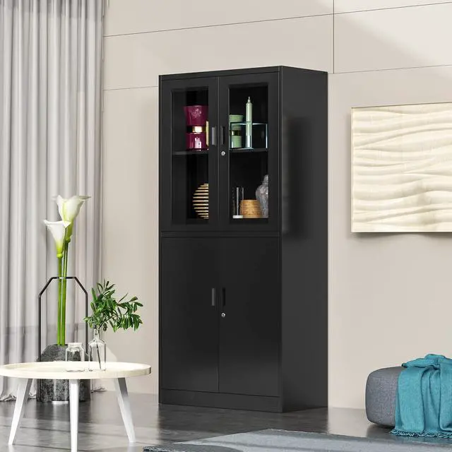 Alt view image 6 of 7 - 71H Display Cabinet with Adjustable Shelves, 4 Door Display Cabinets with Glass Door, Black Metal Display case, Locking Steel Storage Caninet for Home/Office/Living Room -Assembly Required