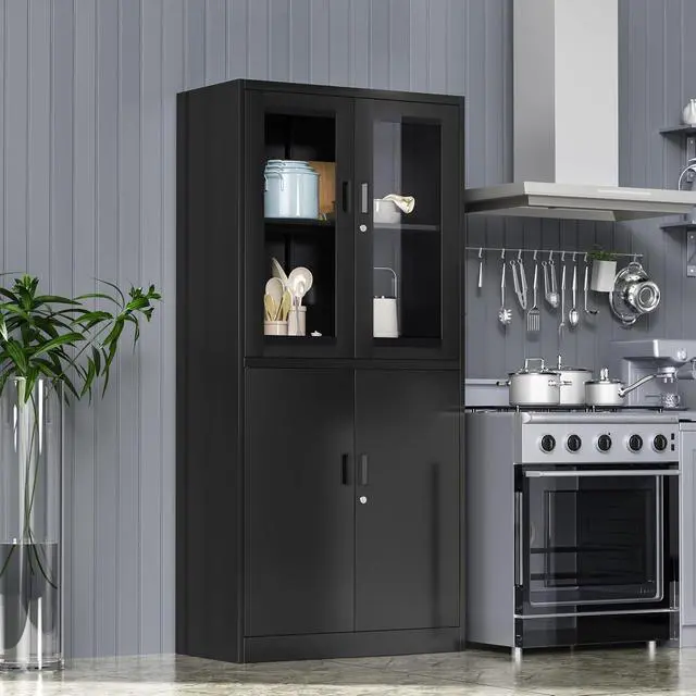 Alt view image 7 of 7 - 71H Display Cabinet with Adjustable Shelves, 4 Door Display Cabinets with Glass Door, Black Metal Display case, Locking Steel Storage Caninet for Home/Office/Living Room -Assembly Required