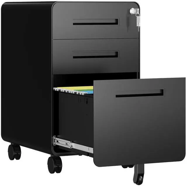 Main image of 3 Drawer File Cabinet, Fully Assembled Mobile File Cabinets with Lock for Home Office, Metal Rolling Filing Caninet on Wheels, Three Drawer Under Desk Cabnet for Letter/Legal / A4 - Black