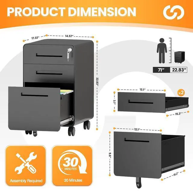 Alt view image 3 of 7 - 3 Drawer File Cabinet, Fully Assembled Mobile File Cabinets with Lock for Home Office, Metal Rolling Filing Caninet on Wheels, Three Drawer Under Desk Cabnet for Letter/Legal / A4 - Black