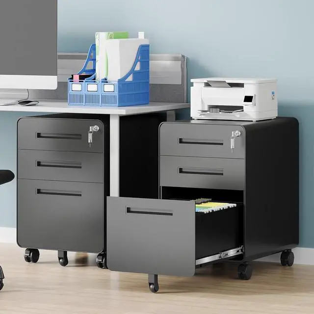 Alt view image 2 of 7 - 3 Drawer File Cabinet, Fully Assembled Mobile File Cabinets with Lock for Home Office, Metal Rolling Filing Caninet on Wheels, Three Drawer Under Desk Cabnet for Letter/Legal / A4 - Black