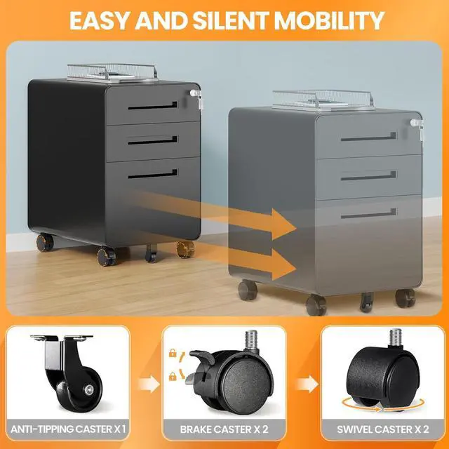 Alt view image 4 of 7 - 3 Drawer File Cabinet, Fully Assembled Mobile File Cabinets with Lock for Home Office, Metal Rolling Filing Caninet on Wheels, Three Drawer Under Desk Cabnet for Letter/Legal / A4 - Black