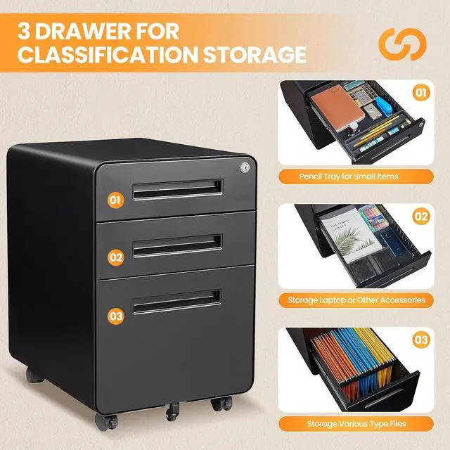 Alt view image 7 of 7 - 3 Drawer File Cabinet, Fully Assembled Mobile File Cabinets with Lock for Home Office, Metal Rolling Filing Caninet on Wheels, Three Drawer Under Desk Cabnet for Letter/Legal / A4 - Black