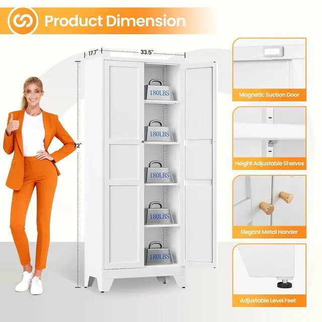 Alt view image 3 of 7 - 72" Tall Kitchen Cabinet Storage Unit With 2 Doors and 4 Adjustable Shelve, Metal White Freestanding Cupboard, 5 Tier Kitchen Pantry Storage Cabinet for Kitchen Dining/Living Room/Garage/Home/Office