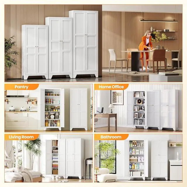 Alt view image 4 of 7 - 72" Tall Kitchen Cabinet Storage Unit With 2 Doors and 4 Adjustable Shelve, Metal White Freestanding Cupboard, 5 Tier Kitchen Pantry Storage Cabinet for Kitchen Dining/Living Room/Garage/Home/Office