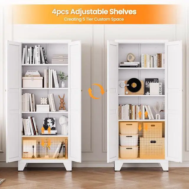 Alt view image 5 of 7 - 72" Tall Kitchen Cabinet Storage Unit With 2 Doors and 4 Adjustable Shelve, Metal White Freestanding Cupboard, 5 Tier Kitchen Pantry Storage Cabinet for Kitchen Dining/Living Room/Garage/Home/Office
