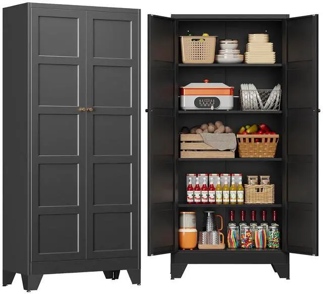 Main image of 71" Tall Kitchen Cabinet Storage Unit With 2 Doors and 4 Adjustable Shelves, Metal Black Freestanding Cupboard, 5 Tier Kitchen Pantry Storage Cabinet for Kitchen Dining/Living Room/Garage/Home/Office