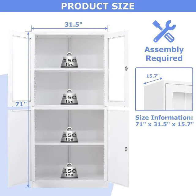 Alt view image 3 of 7 - 4 Door Display Cabinet with Adjustable Shelves, 71" Tall Display Cabinets with Glass Door, White Metal Display case, Locking Steel Storage Caninet for Home/Office/Living Room -Assembly Required