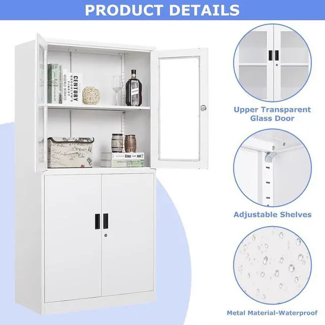 Alt view image 4 of 7 - 4 Door Display Cabinet with Adjustable Shelves, 71" Tall Display Cabinets with Glass Door, White Metal Display case, Locking Steel Storage Caninet for Home/Office/Living Room -Assembly Required