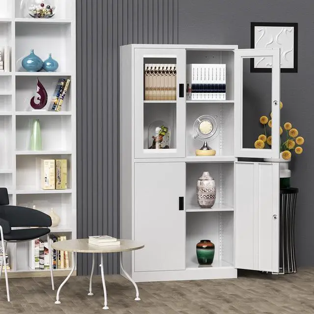 Alt view image 2 of 7 - 4 Door Display Cabinet with Adjustable Shelves, 71" Tall Display Cabinets with Glass Door, White Metal Display case, Locking Steel Storage Caninet for Home/Office/Living Room -Assembly Required