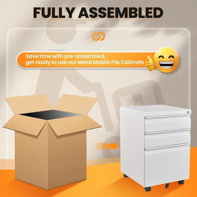 Alt view image 4 of 7 - 3 Drawer File Cabinet, Fully Assembled Mobile File Cabinets with Lock for Home Office, Metal Rolling Filing Caninet on Wheels, Three Drawer Under Desk Cabnet for Letter/Legal / A4 - White