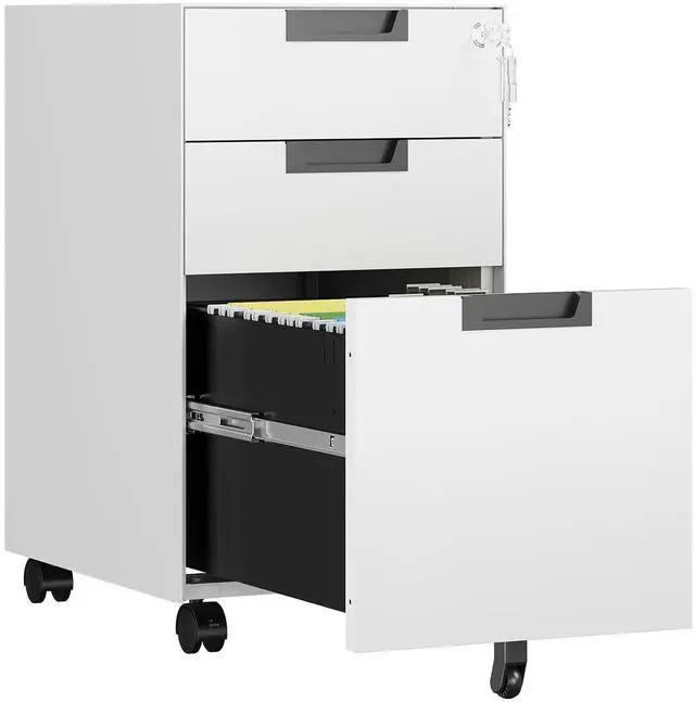 Main image of 3 Drawer File Cabinet with Lock, Fully Assembled Metal Mobile Filing Cabinets for Home Office, Small Rolling File Caninet on Wheels for Legal/Letter / A4 File, White