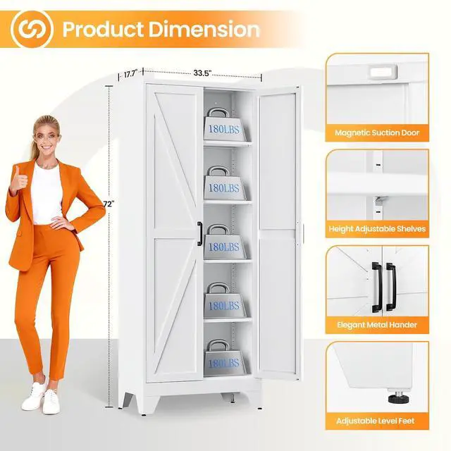 Alt view image 3 of 7 - Metal White Storage Cabinet with 2 Doors and 4 Adjustable Shelves,72" Tall Kitchen Pantry cabinets,Farmhouse Food Pantry Cabinet,5 Tier Freestanding Barn Door Cupboard for Kitchen Dining/Living Room
