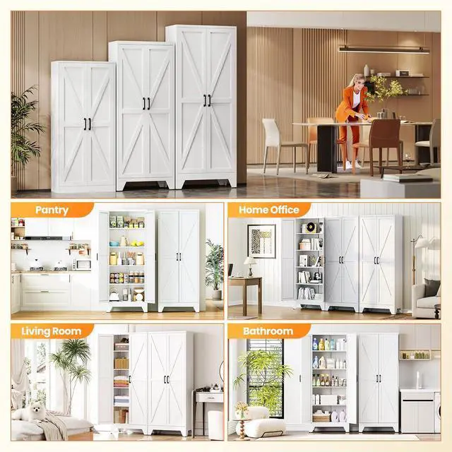Alt view image 4 of 7 - Metal White Storage Cabinet with 2 Doors and 4 Adjustable Shelves,72" Tall Kitchen Pantry cabinets,Farmhouse Food Pantry Cabinet,5 Tier Freestanding Barn Door Cupboard for Kitchen Dining/Living Room