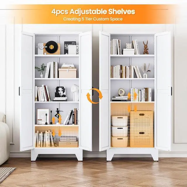 Alt view image 5 of 7 - Metal White Storage Cabinet with 2 Doors and 4 Adjustable Shelves,72" Tall Kitchen Pantry cabinets,Farmhouse Food Pantry Cabinet,5 Tier Freestanding Barn Door Cupboard for Kitchen Dining/Living Room