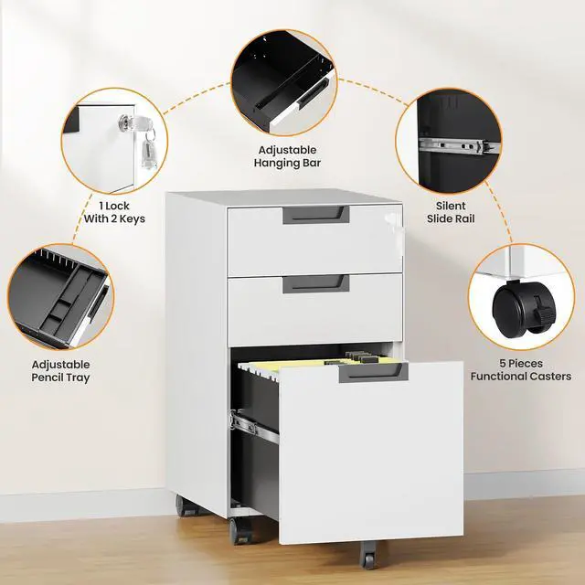 Alt view image 6 of 7 - 3 Drawer File Cabinet with Lock, Fully Assembled Metal Mobile Filing Cabinets for Home Office, Small Rolling File Caninet on Wheels for Legal/Letter / A4 File, White