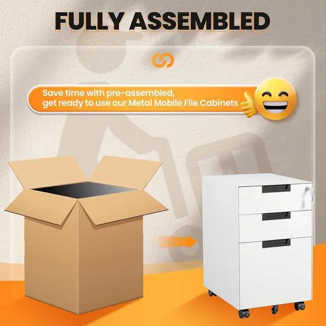 Alt view image 7 of 7 - 3 Drawer File Cabinet with Lock, Fully Assembled Metal Mobile Filing Cabinets for Home Office, Small Rolling File Caninet on Wheels for Legal/Letter / A4 File, White