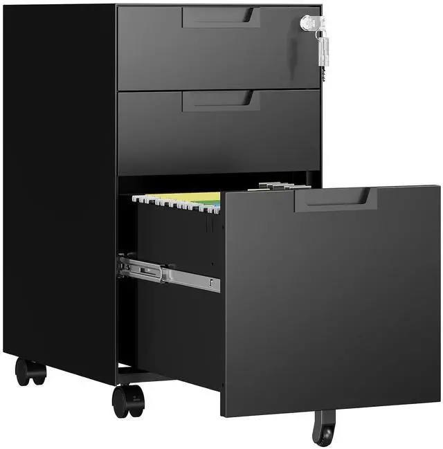 Main image of 3 Drawer File Cabinet with Lock, Fully Assembled Metal Mobile Filing Cabinets for Home Office, Small Rolling File Caninet on Wheels for Legal/Letter / A4 File, Black