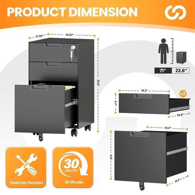 Alt view image 3 of 7 - 3 Drawer File Cabinet with Lock, Fully Assembled Metal Mobile Filing Cabinets for Home Office, Small Rolling File Caninet on Wheels for Legal/Letter / A4 File, Black