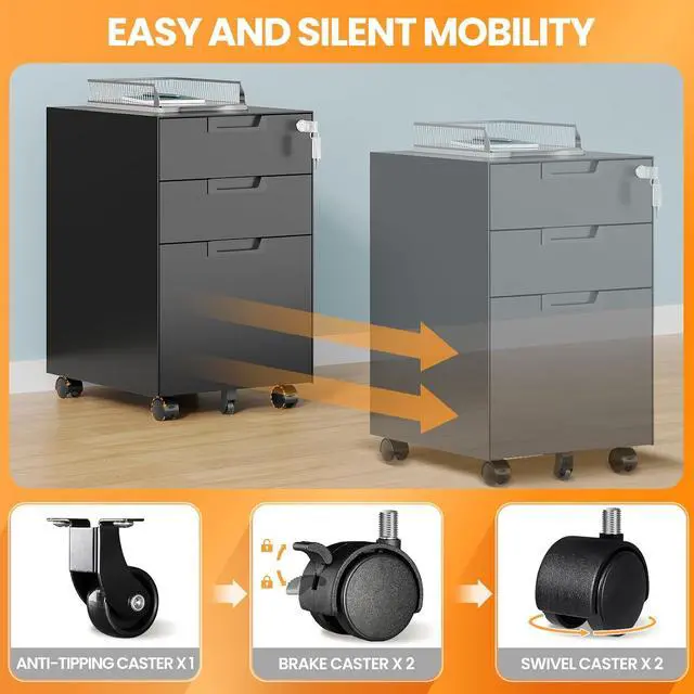 Alt view image 4 of 7 - 3 Drawer File Cabinet with Lock, Fully Assembled Metal Mobile Filing Cabinets for Home Office, Small Rolling File Caninet on Wheels for Legal/Letter / A4 File, Black