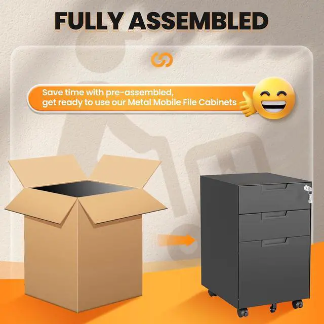 Alt view image 7 of 7 - 3 Drawer File Cabinet with Lock, Fully Assembled Metal Mobile Filing Cabinets for Home Office, Small Rolling File Caninet on Wheels for Legal/Letter / A4 File, Black