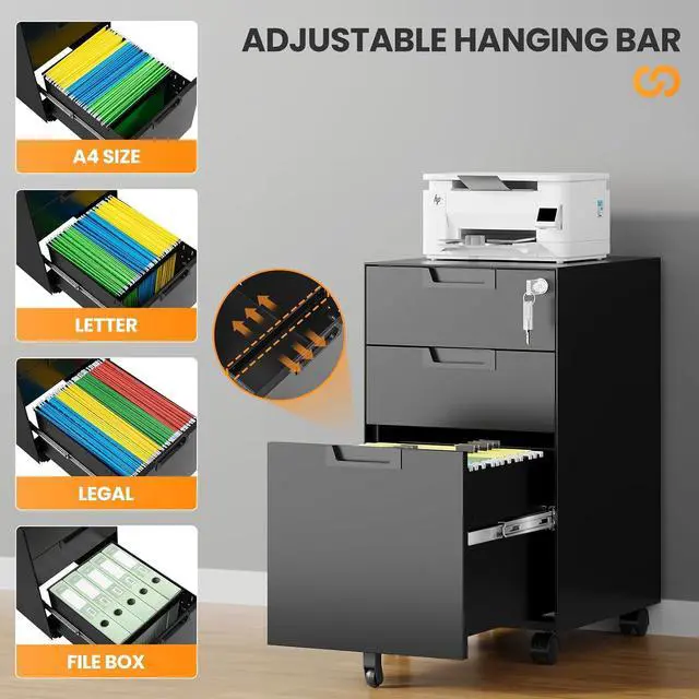 Alt view image 5 of 7 - 3 Drawer File Cabinet with Lock, Fully Assembled Metal Mobile Filing Cabinets for Home Office, Small Rolling File Caninet on Wheels for Legal/Letter / A4 File, Black