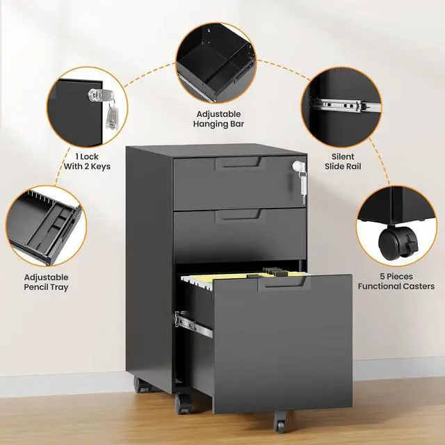 Alt view image 6 of 7 - 3 Drawer File Cabinet with Lock, Fully Assembled Metal Mobile Filing Cabinets for Home Office, Small Rolling File Caninet on Wheels for Legal/Letter / A4 File, Black