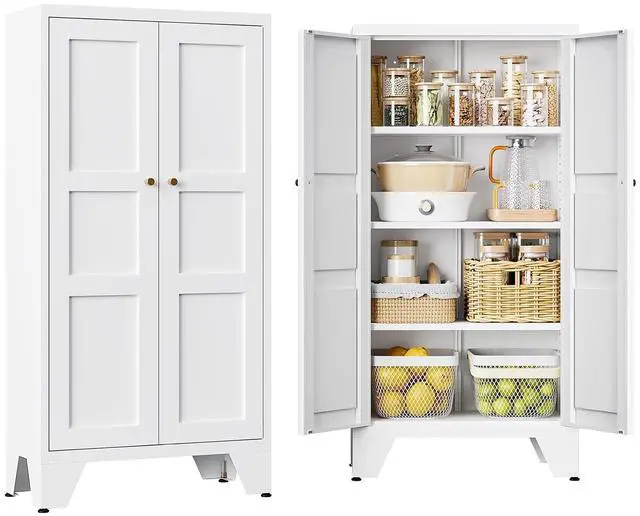 Main image of Metal White Storage Cabinet with 2 Doors and 3 Adjustable Shelves, 47.3" Tall Kitchen Pantry cabinets, Modern Food Pantry Cabinet,4 Tier Freestanding Framed Panel Door Cupboard for Kitchen Dining Room