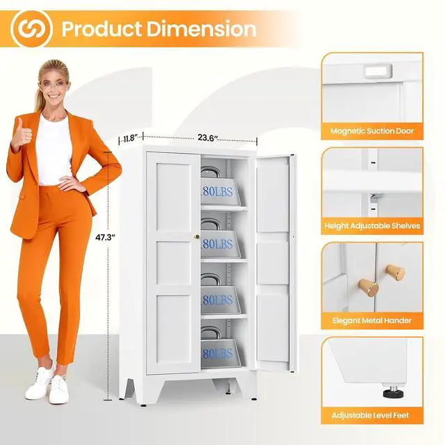 Alt view image 3 of 7 - Metal White Storage Cabinet with 2 Doors and 3 Adjustable Shelves, 47.3" Tall Kitchen Pantry cabinets, Modern Food Pantry Cabinet,4 Tier Freestanding Framed Panel Door Cupboard for Kitchen Dining Room