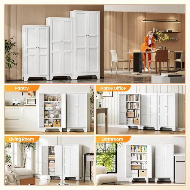 Alt view image 4 of 7 - Metal White Storage Cabinet with 2 Doors and 3 Adjustable Shelves, 47.3" Tall Kitchen Pantry cabinets, Modern Food Pantry Cabinet,4 Tier Freestanding Framed Panel Door Cupboard for Kitchen Dining Room